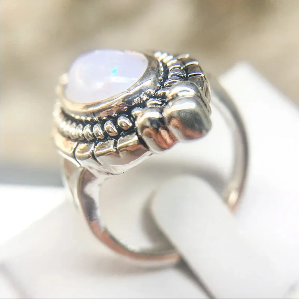 New Delicate Oval Ring White Gold Bohemian 925 Silver Retro Flower Opal Ring - Picture 5 of 8